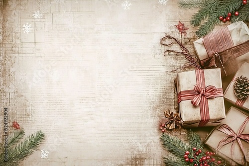 Rustic Christmas Gift Background Vintage Paper, Pine and Presents, christmas, gift wrapping