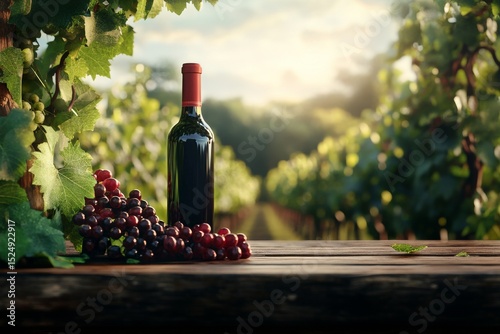 Bottle of Wine and Grapes on Wooden Table in Vineyard During Golden Hour.