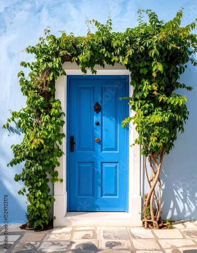 Blue Door with Lush Green Vine on Light Blue Wall