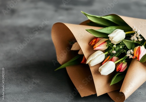 Freshly Wrapped Bouquet of Colorful Tulips and White Flowers on a Gray Surface