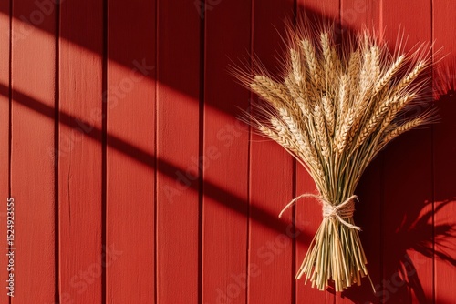 Beautiful Wheat Bouquet Against a Rustic Red Wooden Wall During the Afternoon...