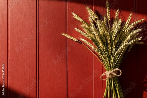 Wheat Bundle Tied With Twine Against a Red Wooden Background in Warm Light