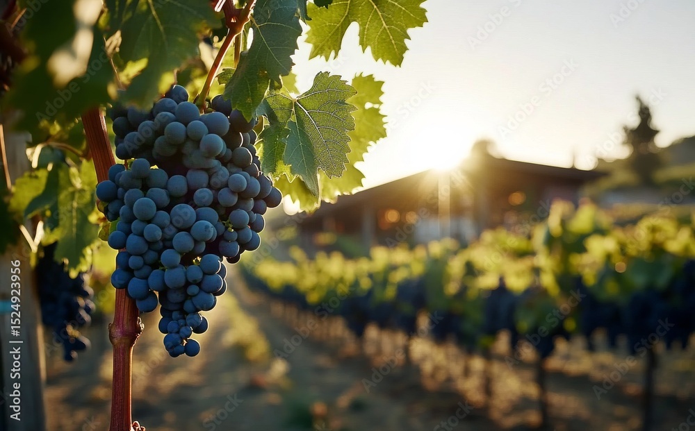 Fototapeta premium Grapes Hang on Vine in Vineyard at Sunset With Warm Golden Light Illuminating Landscape
