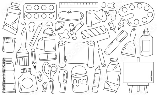 Hand drawn doodle set of art supplies in linear style. Vector illustration includes sketchy drawing tools such as pencils, brushes, markers, paint tubes, palette, easel, scissors, glue, and sketchbook