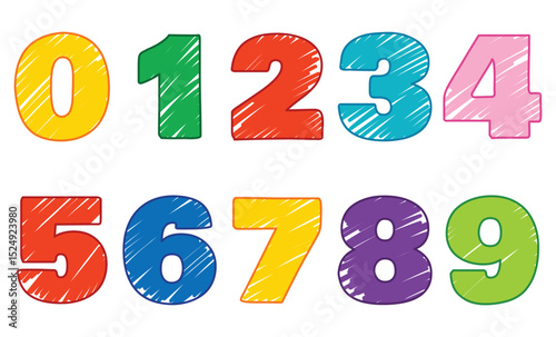 Hand-drawn pencil numbers set from 0 to 9. Sketchy style digits with textured strokes that resemble real pencil lines. Perfect for educational materials, worksheets, children’s books