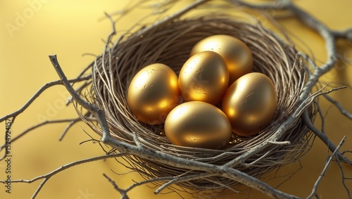 Golden Eggs In A Nest On A Yellow Background	
