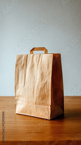 Brown Paper Bag Placed on Wooden Table With Plain Background