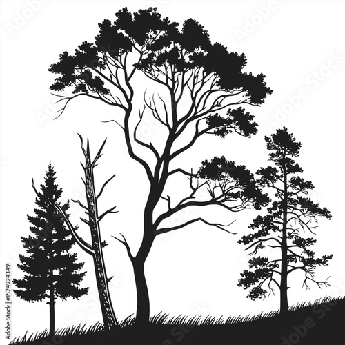 Silhouettes of trees in a forest landscape