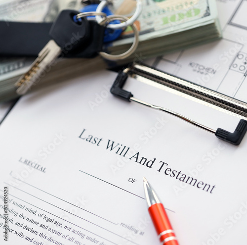 Pen and keys on Last will and testament form and planning blueprints of residential building project photo