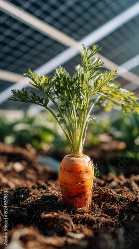 Vibrant Carrot Emerges From Soil in a Sunny Garden With Solar Panels Visible.