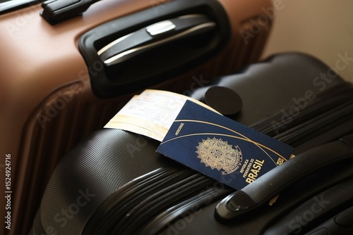 Federative Republic of Brazil passport with tickets lies on touristic suitcase in airport hall
