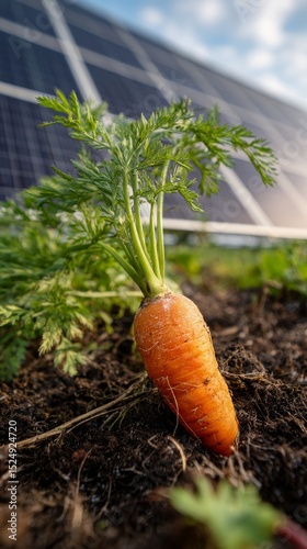 Carrot Growing in Soil Under Solar Panels at a Sustainable Farm.