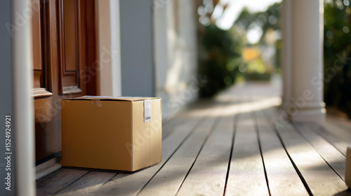 A brown cardboard package sits on the wooden porch steps by the door, awaiting pickup. 