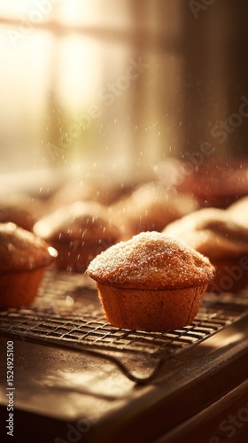Freshly Baked Muffins Cooling on a Wire Rack in Warm Light