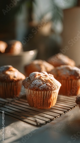 Freshly Baked Muffins Cooling on a Wire Rack in Warm Light.