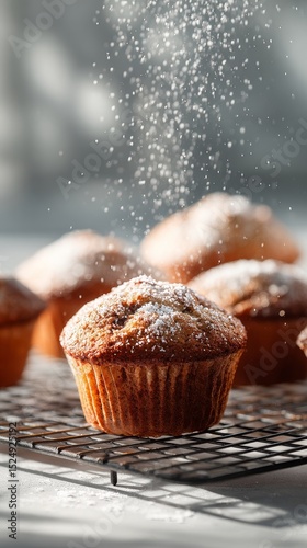 Muffins Being Dusted With Powdered Sugar on a Cooling Rack in a Bright Kitche...