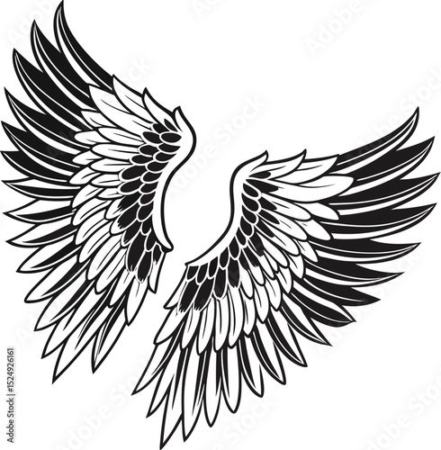 Black and White Symmetrical Angel Wings Illustration  Intricate Feather Detail with Expansive Horizontal Spread