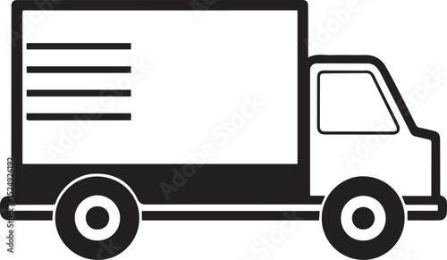 A simple, yet effective black and white illustration of a delivery truck, perfect for representing shipping, logistics, or transportation concepts. Delivery truck icon featuring a 