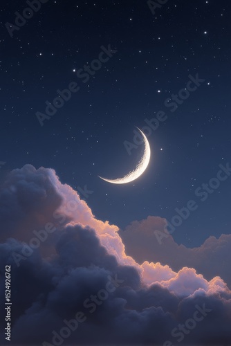 Night Sky With Crescent Moon and Twinkling Stars Above Soft Clouds at Twilight