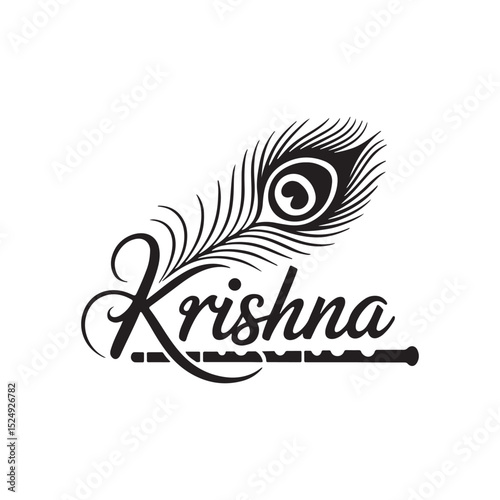 Krishna text logo with peacock feather and flute in black vector design

