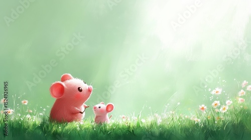 Whimsical Illustration of Two Adorable Mice in a Serene Meadow Perfect for Children's Storybooks