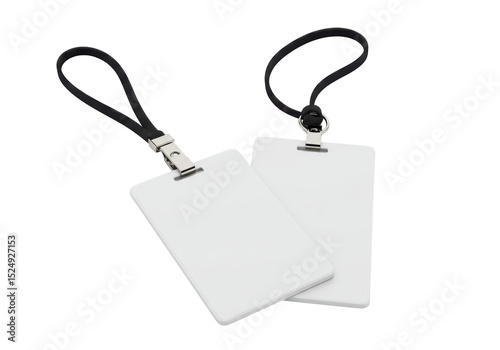 Isolated Two Blank White ID Badges with Black Lanyards