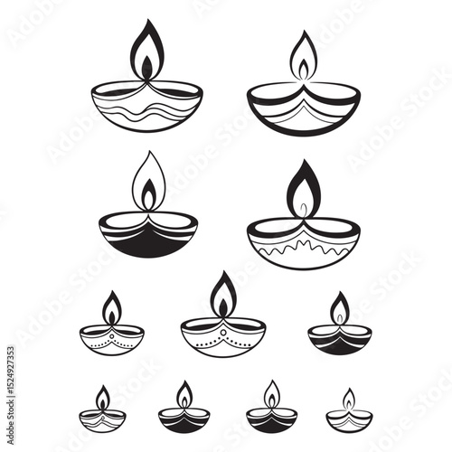 Diya lamp icon set for diwali decoration in black and white style

