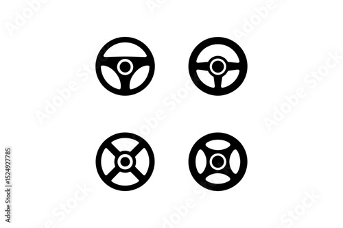 Four black steering wheels in a square formation