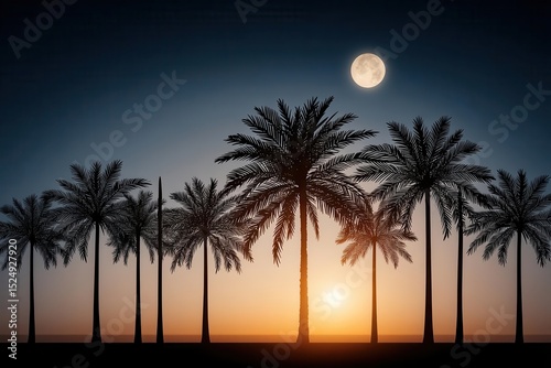 The evening twilight sky is set against a starry night sky with a coconut palm tree and a romantic ambiance