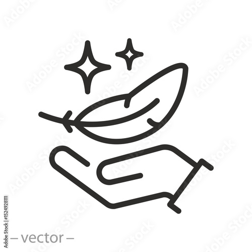 lightweight icon, feather on hand, sensitive skin, soft impact, skin care, thin line symbol on white background - editable stroke vector illustration eps 10