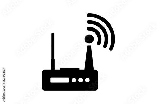 Black router with antenna emitting signal waves