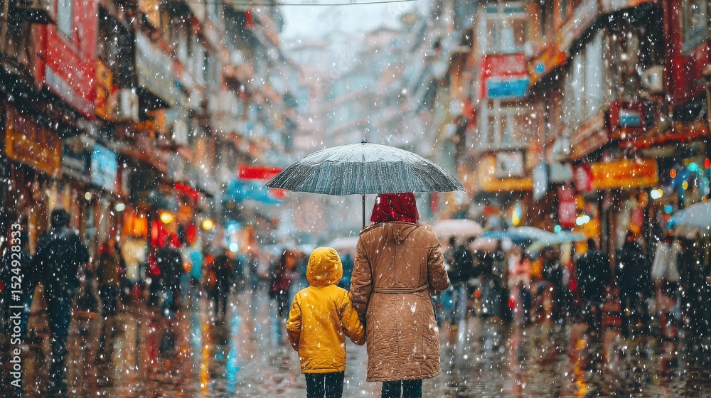 Obraz premium Woman and child walking in rainy Istanbul street with umbrella