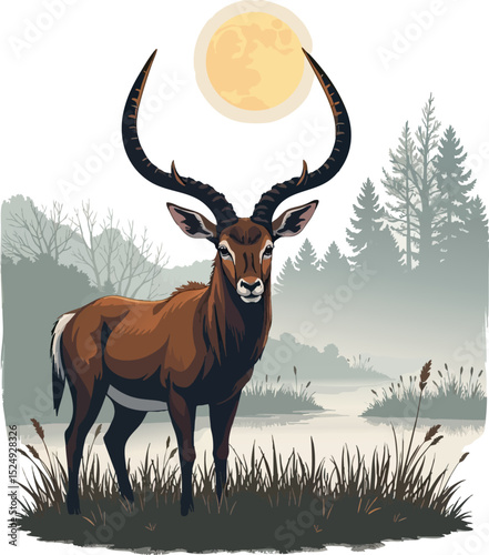 a deer standing in the grass with a full moon in the background