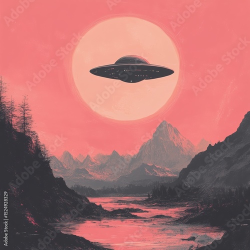 Mysterious flying saucer over reflective river between mountains surreal dreamy red sunset view