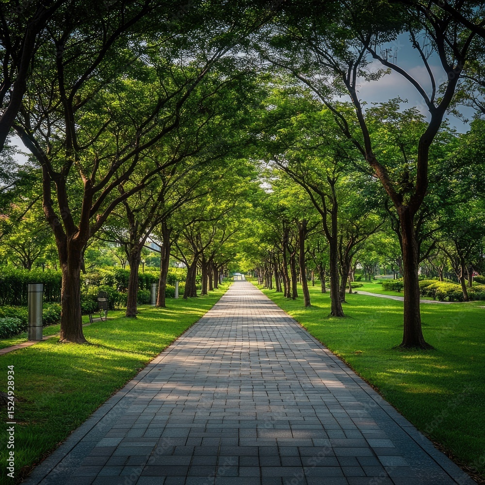 Sun-dappled path lined with lush, green trees Sun-dappled path lined with lush, green trees
