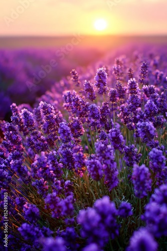 Vibrant Lavender Flowers Bloom Under a Setting Sun in a Peaceful Landscape