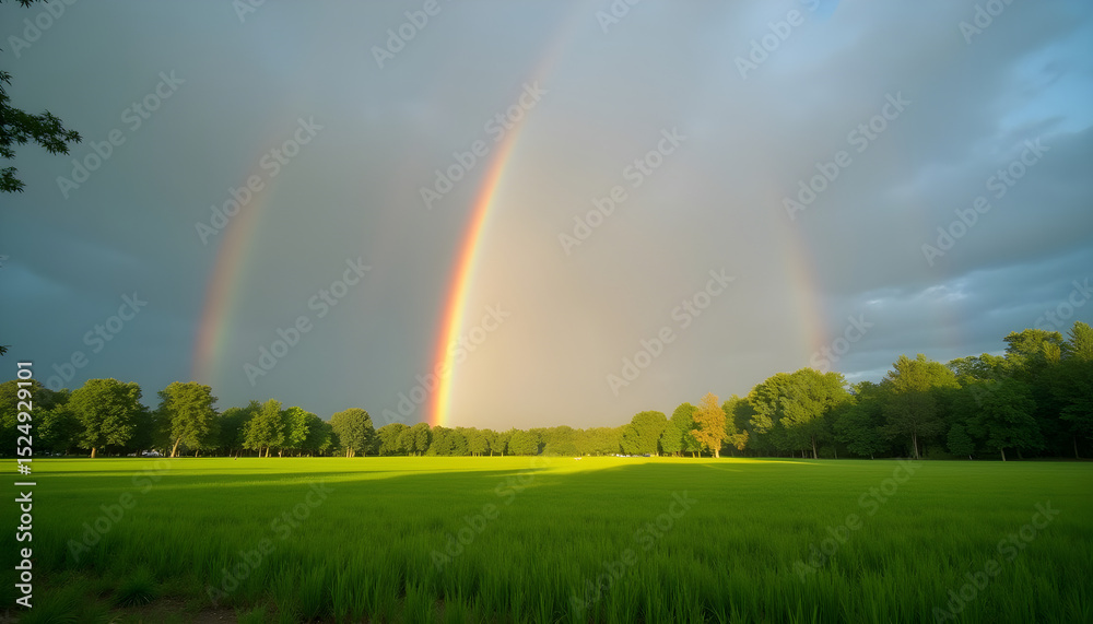 Vibrant rainbow over a green field with trees and dramatic sky after rain Vibrant rainbow over a green field with trees and dramatic sky after rain