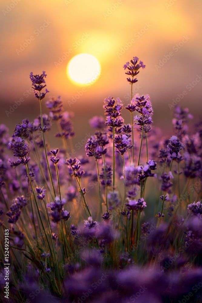 Fototapeta premium Purple Lavender Fields Basking in Golden Sunset Light.