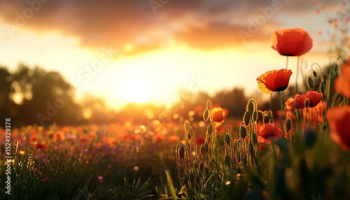 Sunsets Over a Vibrant Poppy Field Showcasing Natures Beauty and Colors