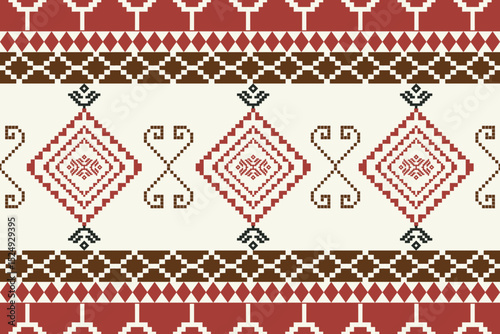 Pattern, geometric, ethnic, cross stitch, pixel, embroidery – Seamless folk patterns with diamonds and hearts in red-brown tones. Perfect for fabric, decor, and digital crafts.
