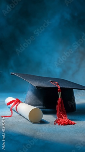 Graduation Cap and Diploma Resting on a Surface With a Blue Background, Symbolizing Academic Achievement