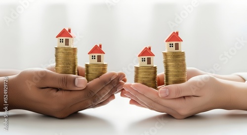 Black and white hands holding stacks of gold coins topped with houses, symbolizing diverse real estate investment