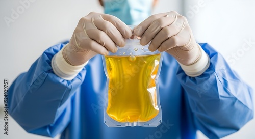 Medical worker in gloves and mask holding up a transparent bag of yellow plasma in a clinical setting