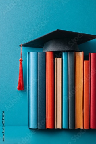 Graduation Cap Placed on a Stack of Colorful Books Against a Blue Background