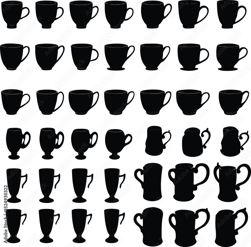 Fototapeta premium Assortment of coffee and tea cup silhouettes showing various shapes and styles against a white background representing drinkware design options