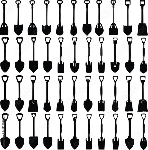 Assortment of shovel silhouettes in black and white illustrating various shovel designs for construction and gardening projects