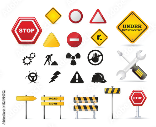 Yellow triangle road sign warns of danger and construction ahead