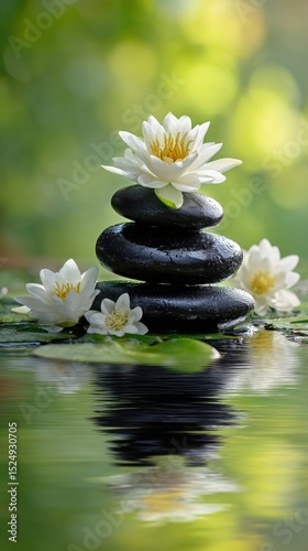 Serene Arrangement of Stones and Lotus Flowers in a Tranquil Water Setting During Daylight Hours.