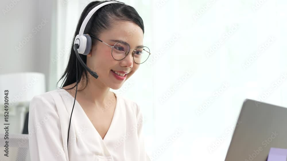 Smiling Asian female call center agent wearing a headset, speaking with a client at her office desk, providing professional customer support.