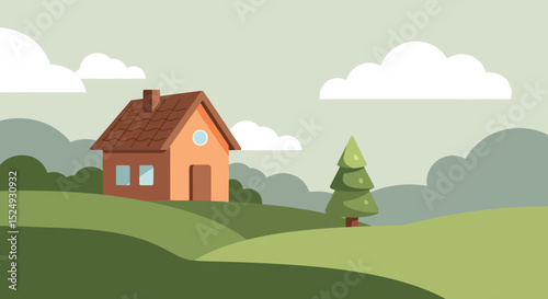 Charming Countryside House Illustration Rolling Hills, Green Fields, and a Peaceful Setting